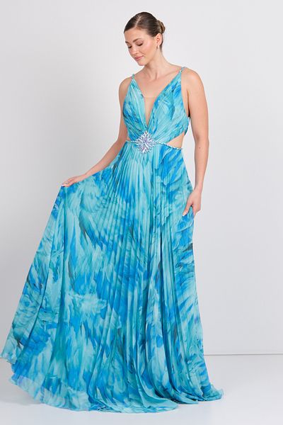 ÖMÜR INN Ömür Inn Women's Deep V-Neck Patterned Window Detail Maxi Evening Dress 5512 Turquoise