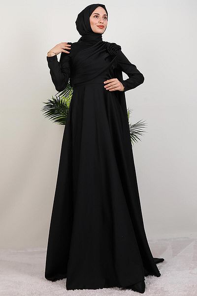 GİYZAMİLA Alaz Satin Rose Evening Dress Black