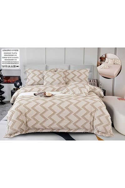 trendyhome Bed Linen, Fine Cotton, IN Grofat Latos, 6 Pieces, Lines, Brown/Cream, P23680-Elastic