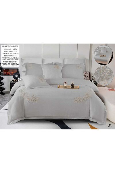 trendyhome Bed Linen, Fine Smooth Cotton, Embroidery, 6 Pieces, Plain, Gray, P23684-Elastic