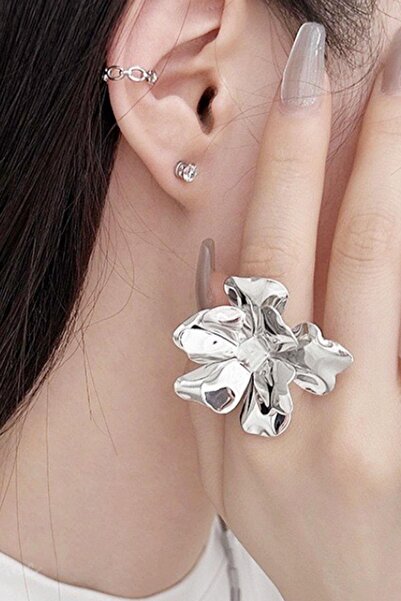 TAKIŞTIR خاتم فضي اللون قابل للتعديل على شكل زهرة