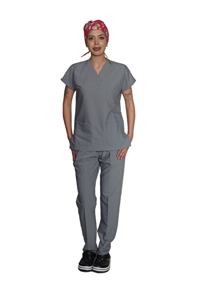 Marka LİKRALI UNİSEX HEMŞİRE VE DOKTOR SCRUBS TAKIM AÇIK GRİ