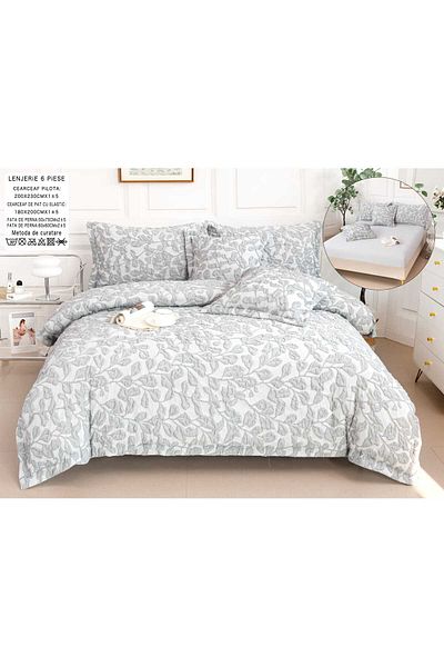 trendyhome Bed Linen, Fine Cotton, IN Grofat Latos, 6 Pieces, Leaves, Gray, P23670-Elastic