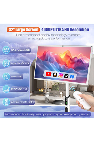 XIAN TIAN XIA تلفزيون ذكي محمول مقاس 32 بوصة، جهاز لوحي متحرك مع شاشة لمس أرضية قابلة للتعديل، وكاميرا مدمجة