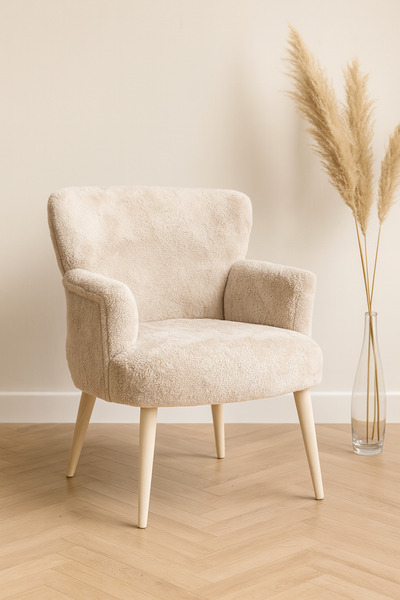 Azra Mobilya Modern Bej Teddy Kumaş Rahat Berjer Tekli Koltuk – Yumuşak Dokulu, Ahşap Ayaklı