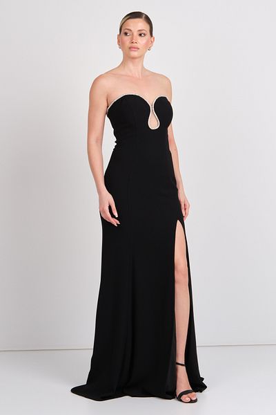 ŞEREF VURAL Şeref Vural Women's Strapless Deep Slit Maxi Evening Dress 8342 Black