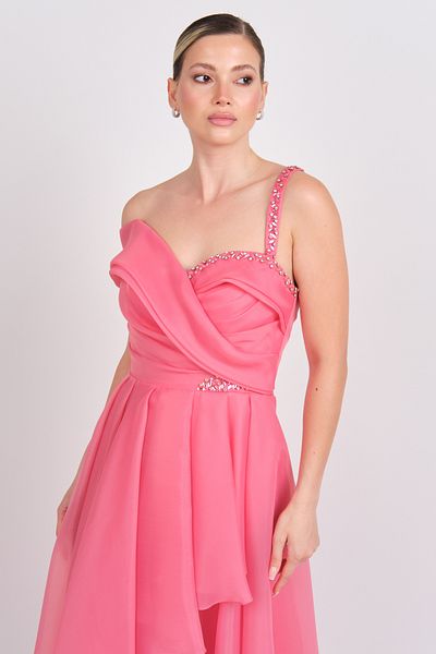 Saygın Women's One Shoulder Detailed Chiffon Fabric Maxi Evening Dress 5614 Coral