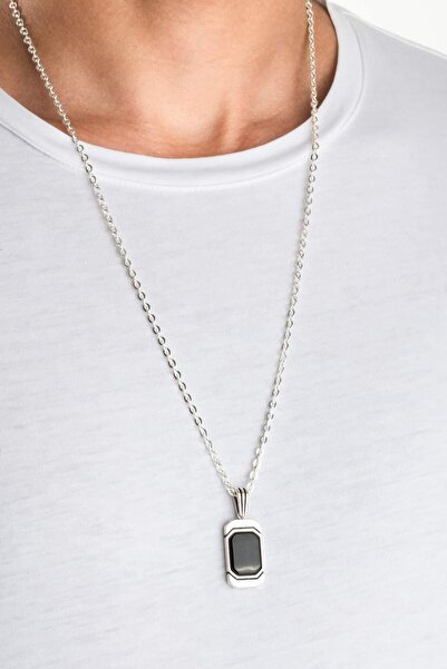 So CHIC... Oniks Taşlı Rodyum Kaplama 66 Cm Gümüş Erkek Kolye