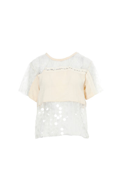 GIZIA SPORT Payetli Transparan Ekru Bluz