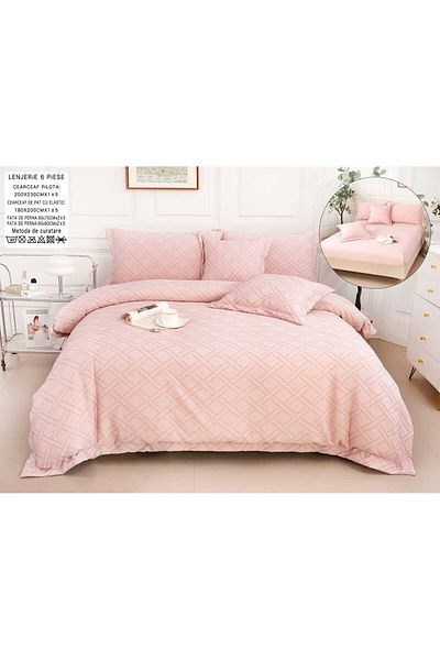 trendyhome Bed Linen, Fine Cotton, IN Grofat Latos, 6 Pieces, Lines, Pink, P23665-Elastic