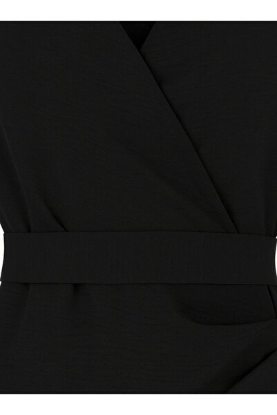 ALİA Gömlek Yaka Bağlama Detaylı Kruvaze Kapama Büyük Beden Tunik - Siyah -