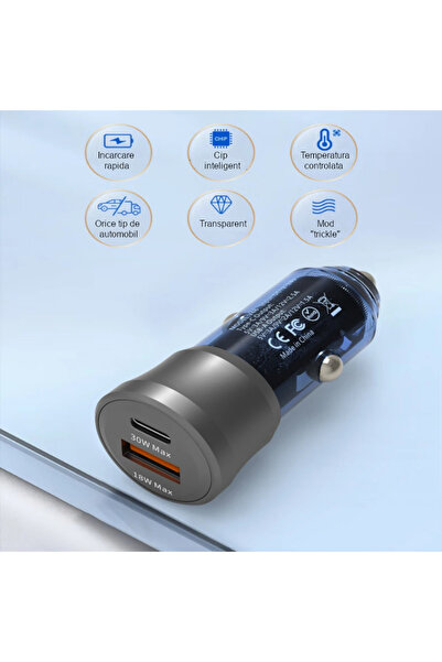 eRDX eRDX® Car Charger – 48W, USB-C 30W PD + USB-A 18W QC 3.0, PPS, Transparent
