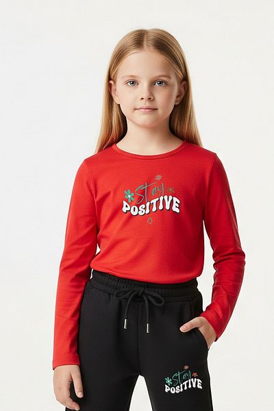 FYK KİDS Round Neck Stay Positive Printed Girl's Bottom-Up Set