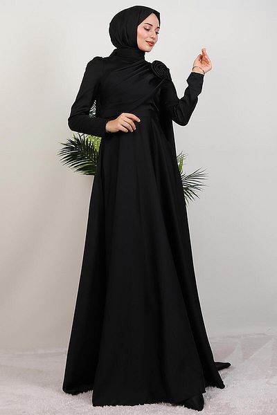 GİYZAMİLA Alaz Satin Rose Evening Dress Black