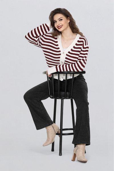 EZGİ KILINÇ Women's Stone Button Detailed Striped Cardigan Tr1004