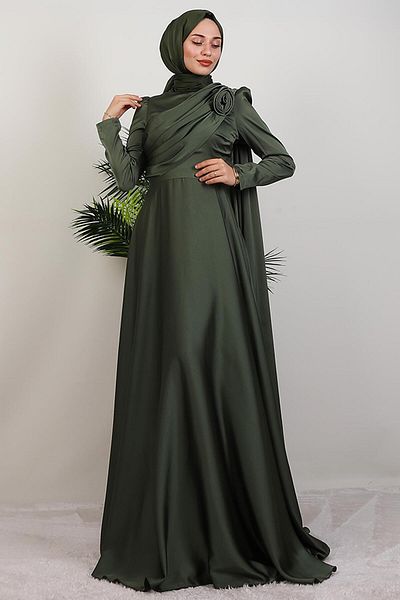 GİYZAMİLA Alaz Satin Rose Evening Dress Khaki