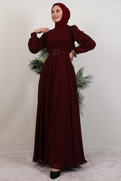 GİYZAMİLA Tuğba Chiffon Dress Burgundy