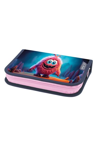 Herlitz Unequipped Pencil Case, 1 Flap, Hidden Zipper, Textile Interior, 13.5x19.5x3 cm, Pink Monster