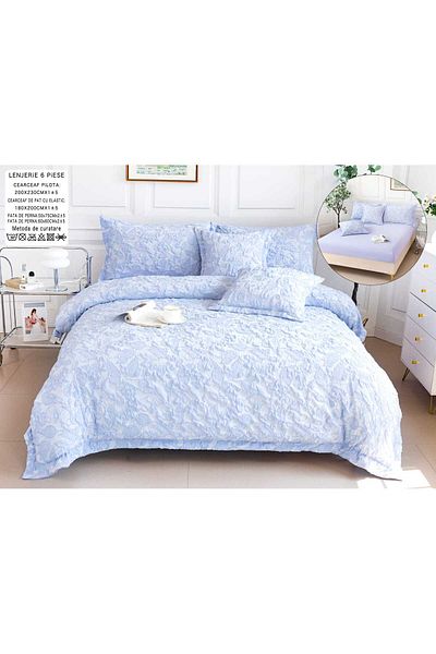 trendyhome Lenjerie de pat, bumbac fin, IN Grofat Latos, 6 bucăți, frunze, albastru, P23668-elastic