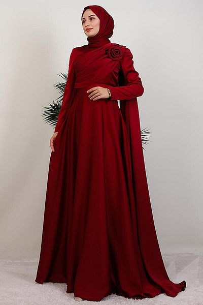GİYZAMİLA Alaz Satin Rose Evening Dress Burgundy