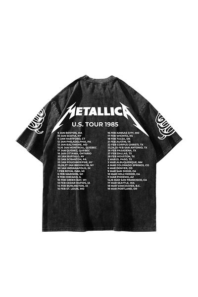 Sekizbiraltı Metallica Tour 1985 Printed Oversize Unisex Πλυμένο Μαύρο Tshirt