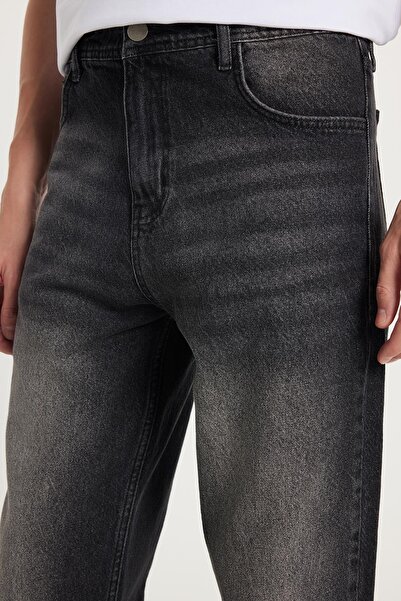 Tudors Erkek Relax Fit Geniş Kesim Boru Paça Yıkamalı Taşlamalı Boyfriend Esnek Siyah Jean Kot Pantolon