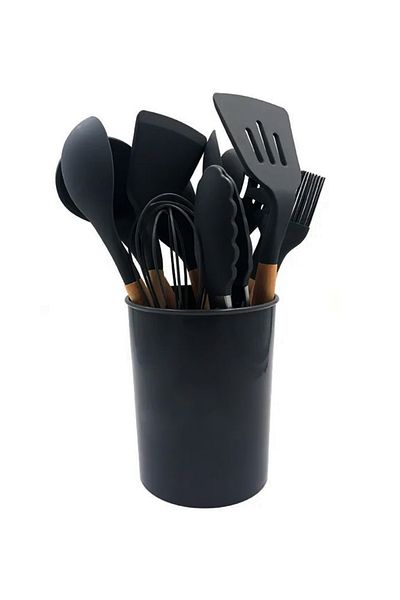 Aptel Set 12 ustensile de bucatarie, lemn/silicon, negru