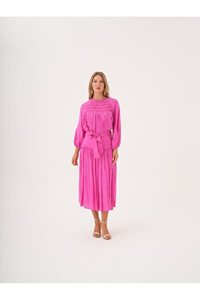 SERPİL Büzgü Detaylı Kuşaklı Viskon ve Keten Karışımlı Bluz