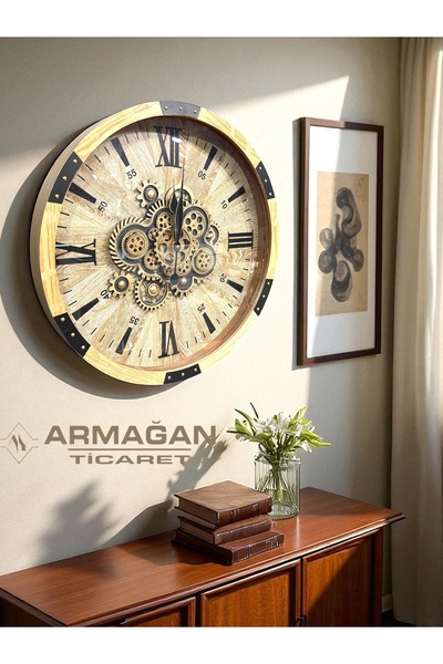Armağan ÇARKLI AHŞAP DUVAR SAATİ SALON SAATİ 68*68CM