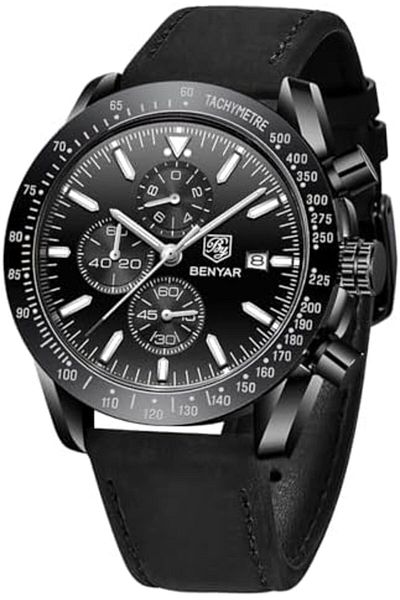 BY BENYAR Mens Watch 100M Waterproof Chronograph Date Watch for Men Brown Leather Strap Quartz Movem