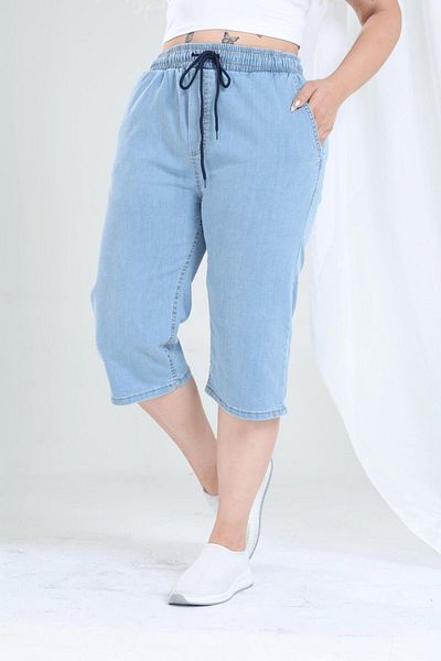 tarzımsüper Plus Size Summer High Waisted Denim Capri with Elastic Waist