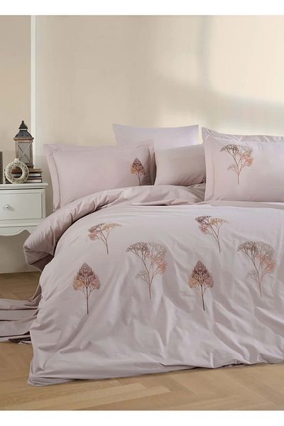 Mandaş Dantele Jovia Lace Embroidered Poplin Cotton Satin Duvet Cover Set - Beige