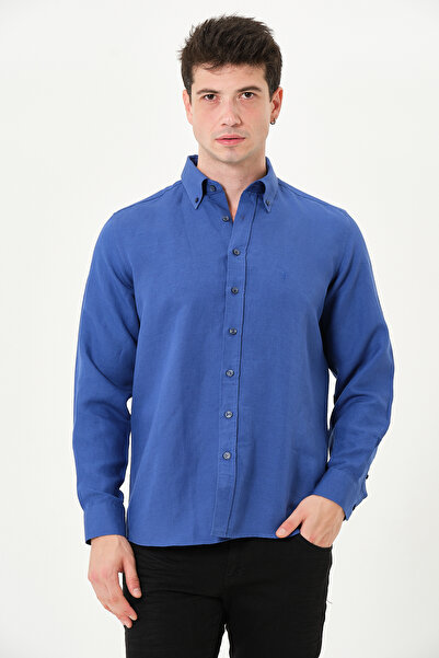 PSY Keten Karışımlı Liyosel Düğmeli Yaka Regular Fit Uzun Kol Erkek Gömlek