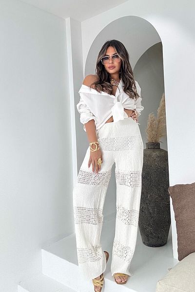 Sohotique By P Laser Cut Detailed Perforated Trousers Ecru