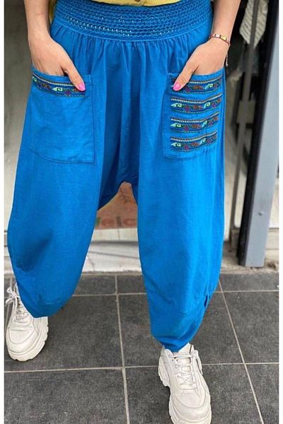 AGORATEKSTİL Women's 100% Linen Pocket Embroidered Baggy Trousers