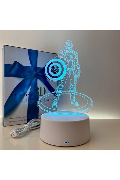 ILUMISHOP Lampa De Veghe 3D LED, CAPTAIN AMERICA, 7 Culori, Alimentare USB sau 3 baterii AA