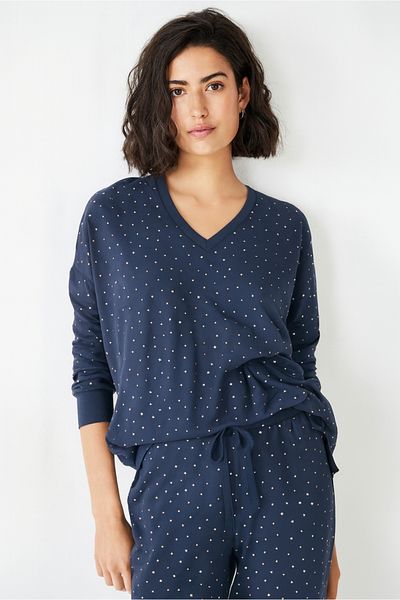 DOFİ Women's Navy Blue Polka Dot Patterned Pajama Set – V-Neck, Pockets, Drawstring and Cuff Detail