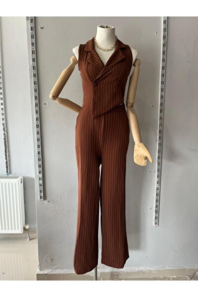 Sublime Butik Kadın Dik Çizgili Kumaş Kahverengi Tulum