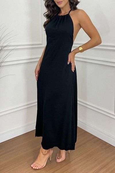Mossta Halter Neckline Backless Viscose Dress - Black
