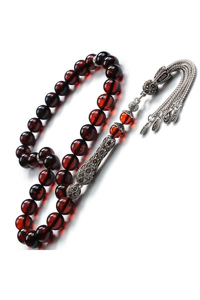 TESBİHCİBABA Baltic Pearl Silver Zircon Imame Set Drop Amber Prayer Beads