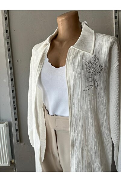 Sublime Butik Kadın Fermuarlı Yazlık Ince Tesettür Beyaz Hırka Gömlek