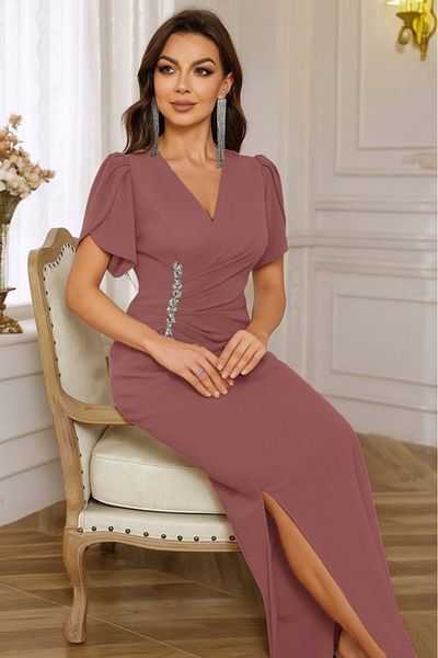 Viyamo New Season Women's Short Sleeve Double Breasted Collar Waist Floral Accessories Slit Imported Crepe Dress