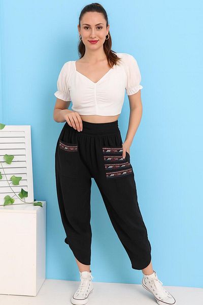 AGORATEKSTİL Women's 100% Linen Pocket Embroidered Baggy Trousers