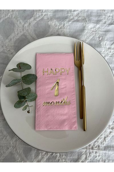 kidspartim Gold Gilded Pink Happy 1 Year Old Months Waiter Folded Napkin 16 Pieces