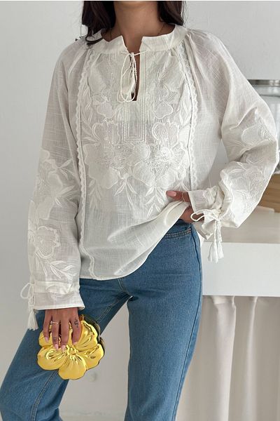 FEMELLE Γυναικεία λευκή δαντέλα και κέντημα λεπτομερή βαμβακερή μπλούζα