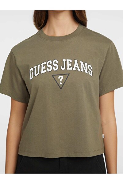 Guess Tricou cu model pentru femei, kaki, cu decolteu rotund, model GJ SS CN BOXY - ORGANIC COTTO