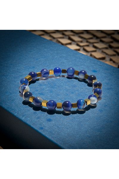 Perlavita Blue Agate & Hematite Natural Stone Evil Eye Bracelet