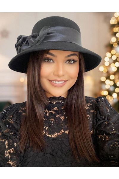 Confortino Luxury women's felt hat with Italian brim and luxurious satin decoration - ONE SIZE, ADJUSTABLE