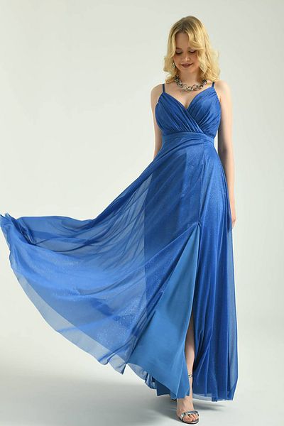 Neşeli Butik Women Blue Glitter Tulle Fabric Long Evening Dresses with Straps Nbs9276