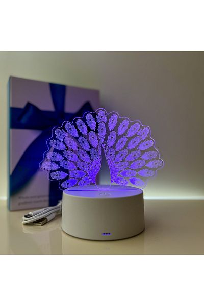 ILUMISHOP 3D LED Night Light, Peacock, 7 Colors, USB Powered with Wall Charger or 3 AA Batteries